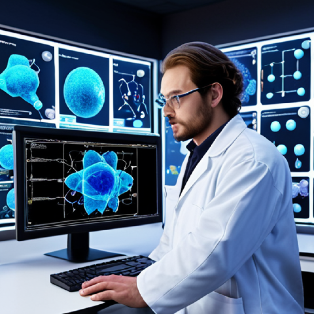 **Quantum Chemistry Simulation**: An illustration of a scientist working with advanced quantum chemistry simulation software on a high-performance computer, surrounded by molecular structures and reaction diagrams. The background features a futuristic lab filled with advanced technology.