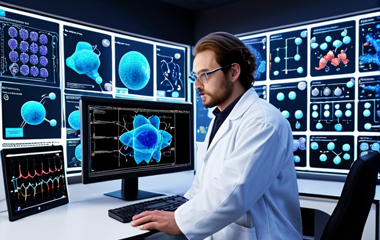 **Quantum Chemistry Simulation**: An illustration of a scientist working with advanced quantum chemistry simulation software on a high-performance computer, surrounded by molecular structures and reaction diagrams. The background features a futuristic lab filled with advanced technology.