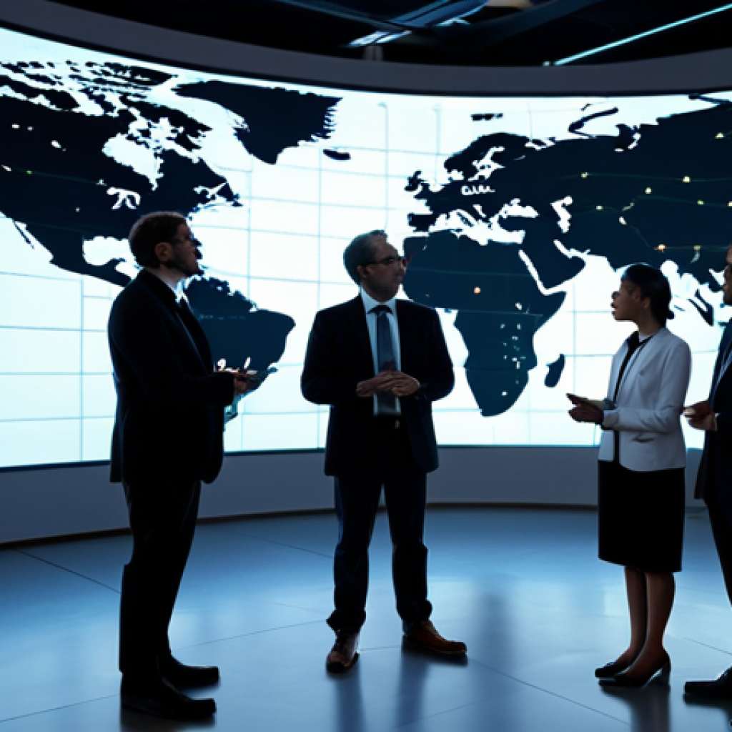 A diverse group of professional scientists and engineers, fully clothed in smart business attire, are engaged in collaborative discussion around a glowing holographic projection of an interconnected global quantum network. The background is a clean, modern research facility with large digital screens displaying seamless data pathways between continents. The atmosphere is innovative and cooperative. perfect anatomy, correct proportions, natural pose, well-formed hands, proper finger count, natural body proportions, safe for work, appropriate content, fully clothed, professional, high quality, professional photography, cinematic lighting.