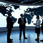 A diverse group of professional scientists and engineers, fully clothed in smart business attire, are engaged in collaborative discussion around a glowing holographic projection of an interconnected global quantum network. The background is a clean, modern research facility with large digital screens displaying seamless data pathways between continents. The atmosphere is innovative and cooperative. perfect anatomy, correct proportions, natural pose, well-formed hands, proper finger count, natural body proportions, safe for work, appropriate content, fully clothed, professional, high quality, professional photography, cinematic lighting.