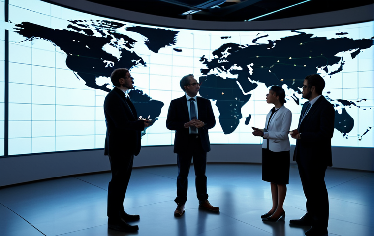A diverse group of professional scientists and engineers, fully clothed in smart business attire, are engaged in collaborative discussion around a glowing holographic projection of an interconnected global quantum network. The background is a clean, modern research facility with large digital screens displaying seamless data pathways between continents. The atmosphere is innovative and cooperative. perfect anatomy, correct proportions, natural pose, well-formed hands, proper finger count, natural body proportions, safe for work, appropriate content, fully clothed, professional, high quality, professional photography, cinematic lighting.