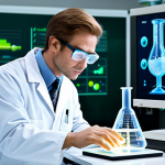 Quantum Chemistry in Action**

A brightly lit laboratory scene, a scientist (fully clothed, lab coat, safety glasses) examining a glowing, swirling 3D molecular model on a computer screen. Beakers and lab equipment are visible in the background. The scene should convey a sense of discovery and innovation.  "Safe for work," "appropriate content," "fully clothed," "professional", "perfect anatomy", "correct proportions", "natural pose", "professional photography", "high quality", "well-formed hands", "proper finger count", "natural body proportions".

**