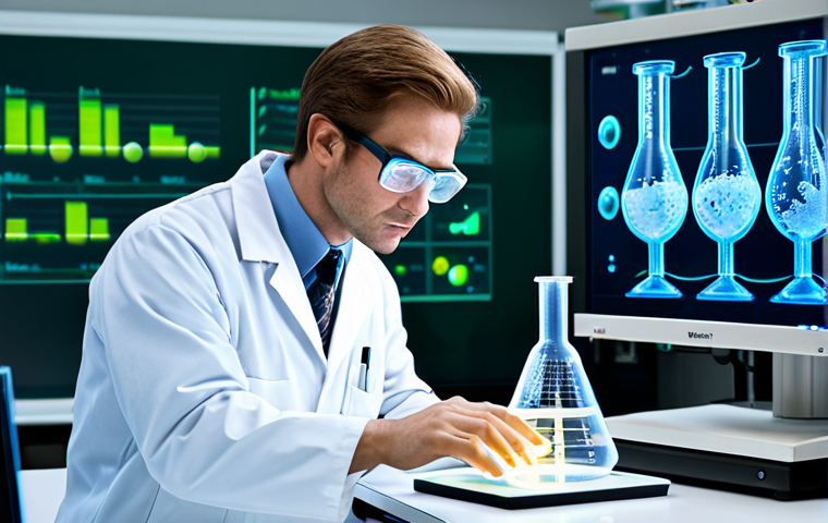 Quantum Chemistry in Action**

A brightly lit laboratory scene, a scientist (fully clothed, lab coat, safety glasses) examining a glowing, swirling 3D molecular model on a computer screen. Beakers and lab equipment are visible in the background. The scene should convey a sense of discovery and innovation.  "Safe for work," "appropriate content," "fully clothed," "professional", "perfect anatomy", "correct proportions", "natural pose", "professional photography", "high quality", "well-formed hands", "proper finger count", "natural body proportions".

**