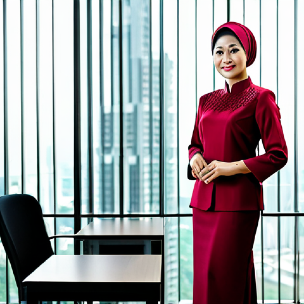 양자암호 해독 - A professional businesswoman in a modest baju kurung, standing in a modern office in Kuala Lumpur, f...