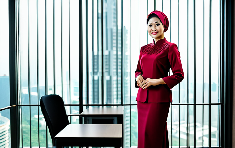 양자암호 해독 - A professional businesswoman in a modest baju kurung, standing in a modern office in Kuala Lumpur, f...