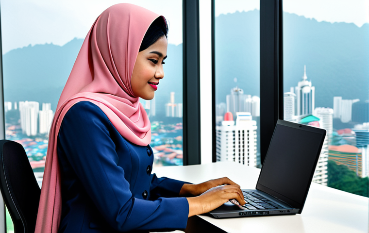 양자암호의 상용화 - **Prompt 1:** "A professional Malay businesswoman in a modest baju kurung, working on a laptop at a ...